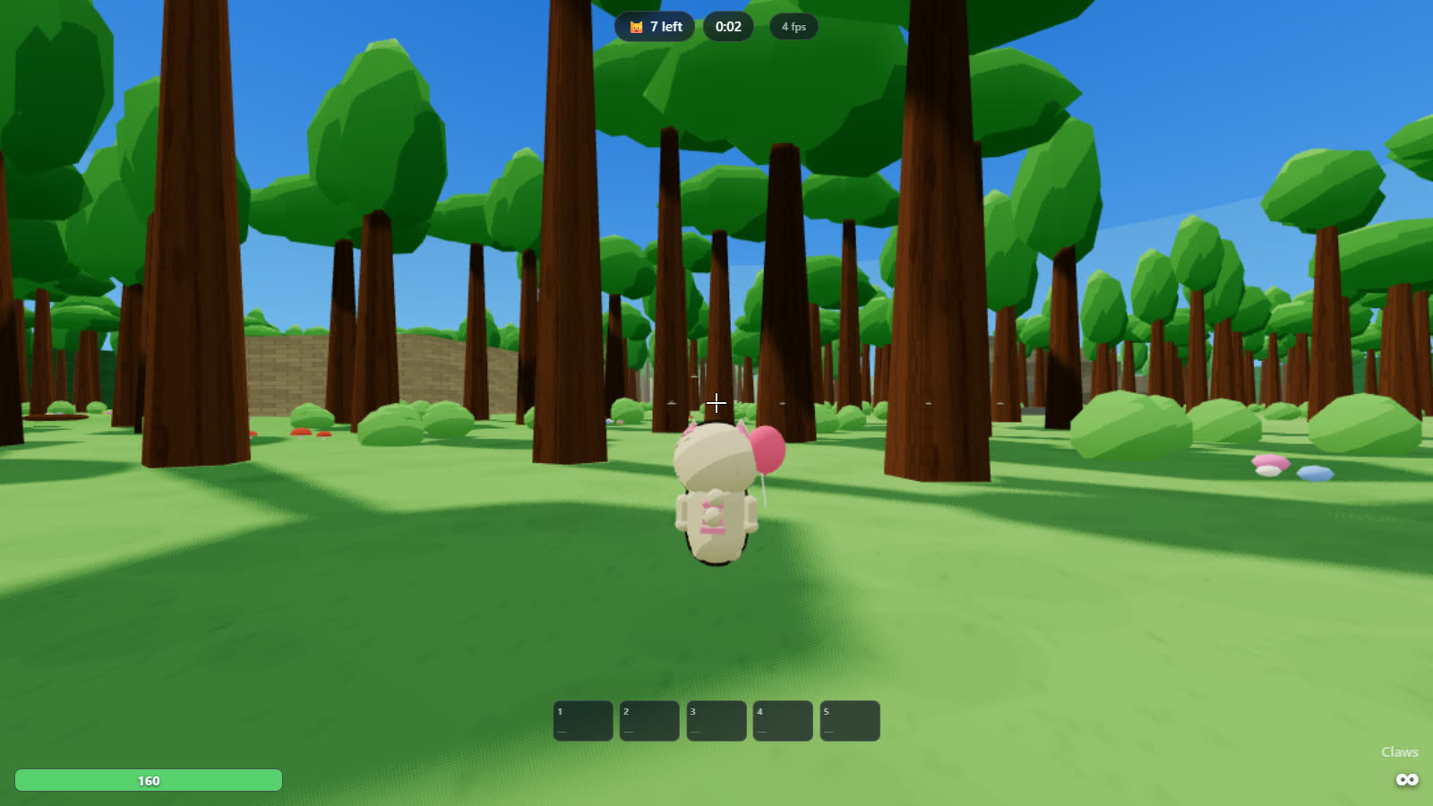 The KittyKlash forest, low-poly trees receding into haze under a blue sky
